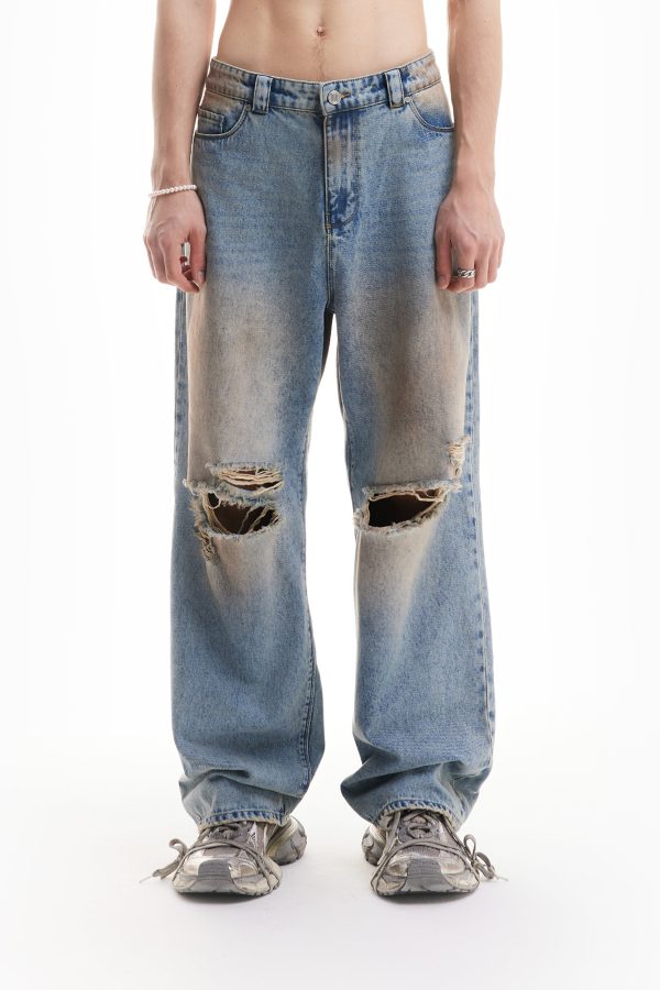 HEAVY BAGGY DISTRESSED DENIM SAND WASH DIRT WASH on Sale