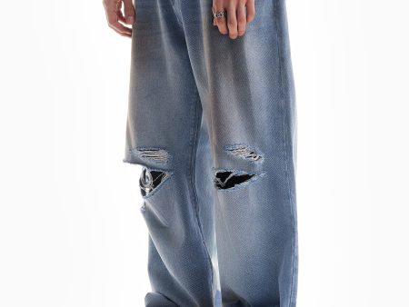 HEAVY BAGGY DISTRESSED DENIM LIGHT BLUE DIRT WASH Hot on Sale